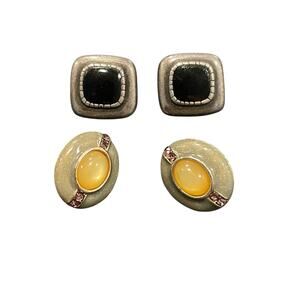 Vintage Fashion pierced LOT earrings Modernist black faux stone oval beige